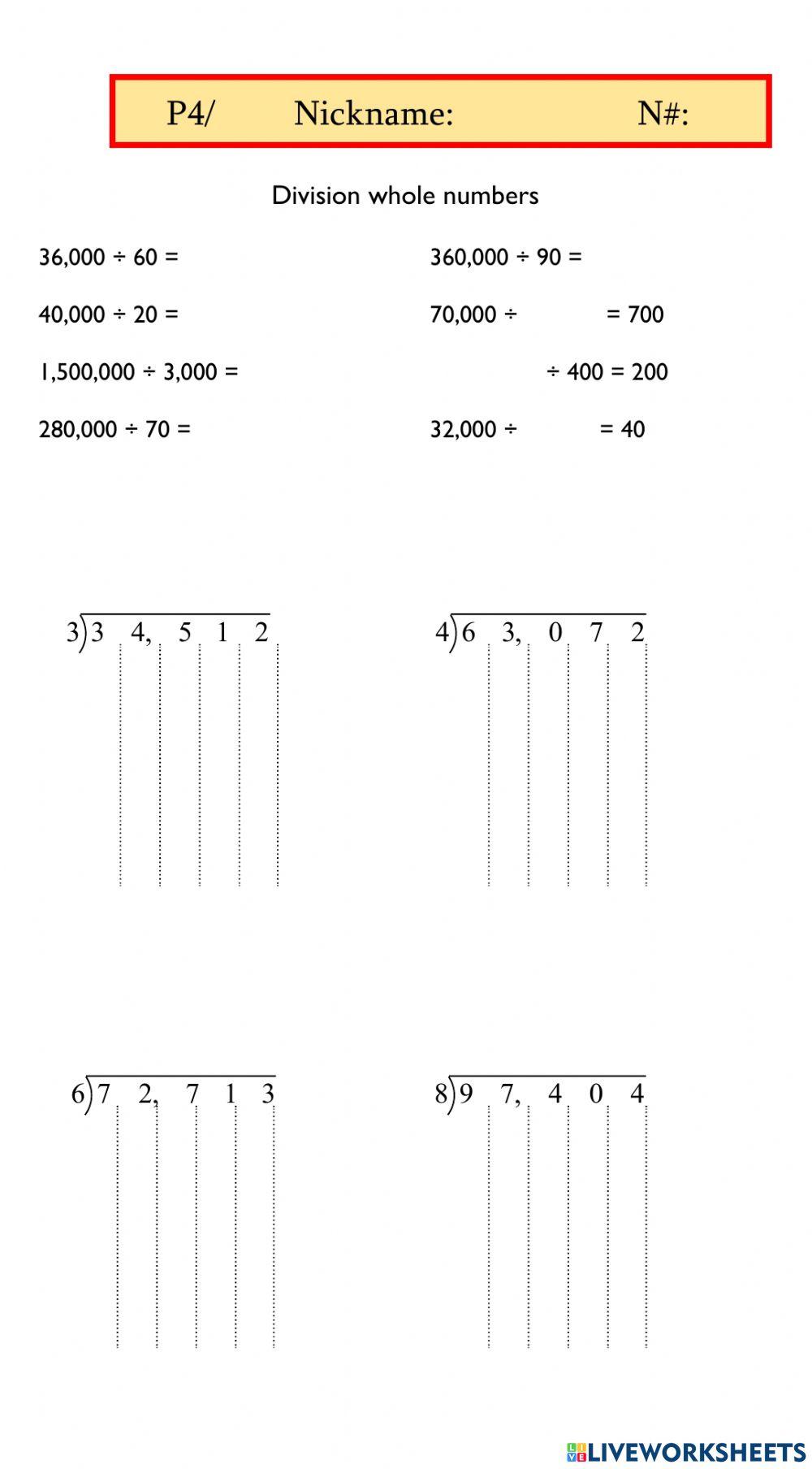 Division Of Whole Numbers Worksheets Worksheets Master