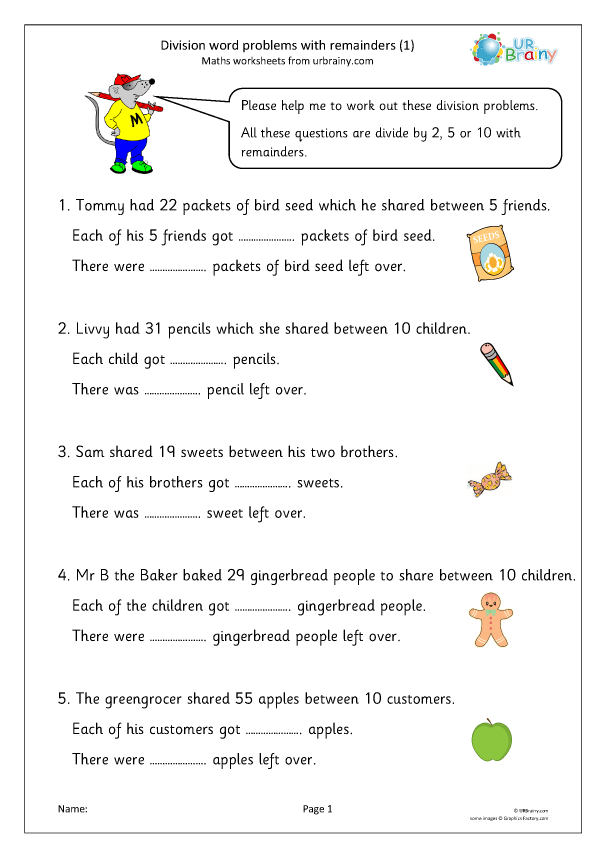 Division Word Problems With Remainders 1 Division Maths Worksheets For Year 2 Age 6 7 By