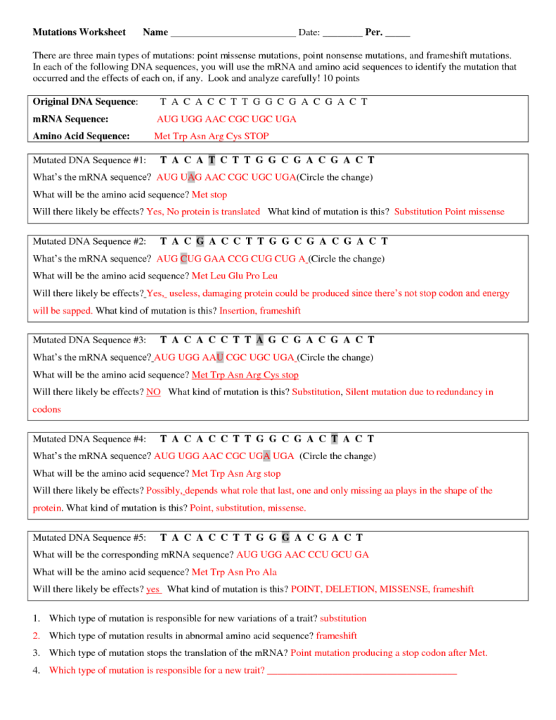 Dna Mutations Practice Worksheet With Answer Key Laney Lee