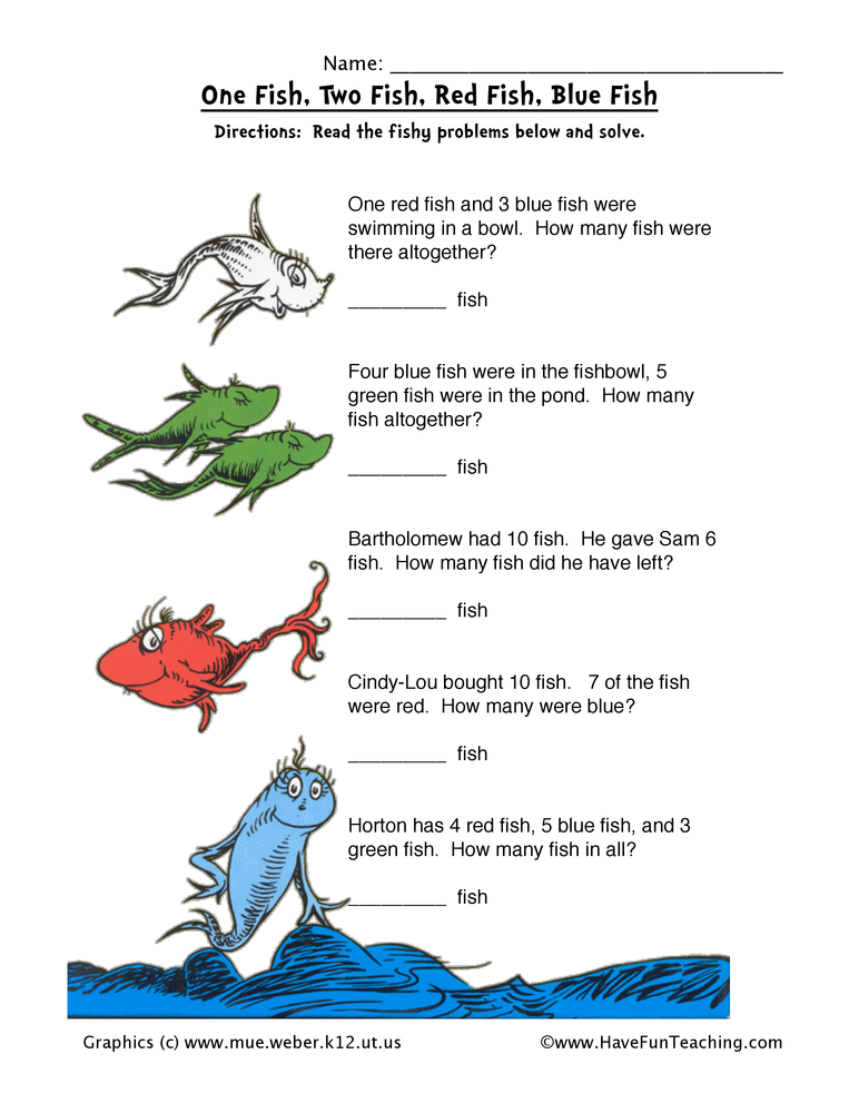 Dr Seuss Red Fish Blue Fish Math Worksheet Have Fun Teaching