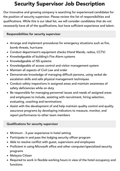 Duties And Responsibilities Of A Security Supervisor Role Of