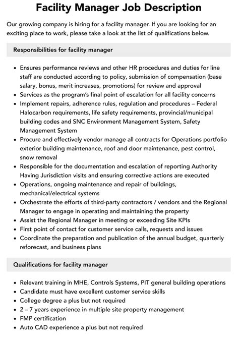 Facility Manager Duties and Responsibilities