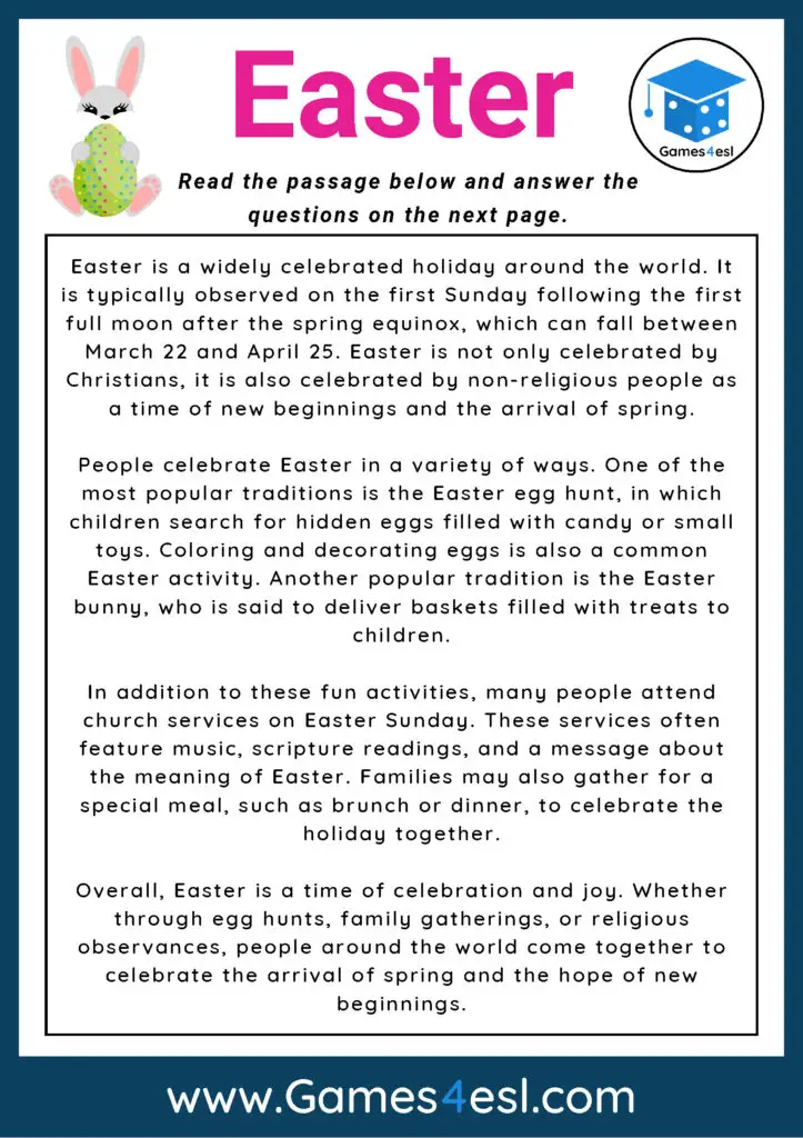 Easter Reading Comprehension Test Esl Worksheet By Cinni