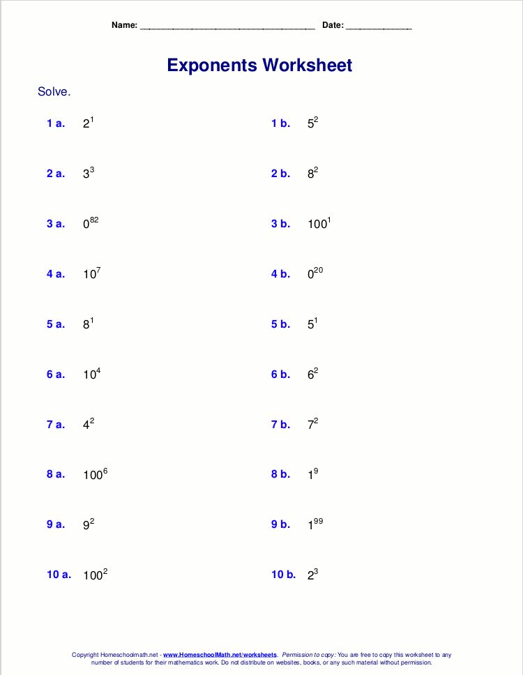 Easy Exponent Beginner Worksheet