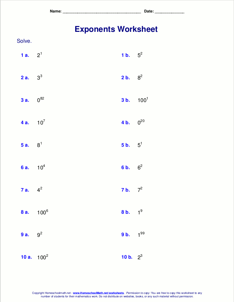 Easy Exponents Worksheets