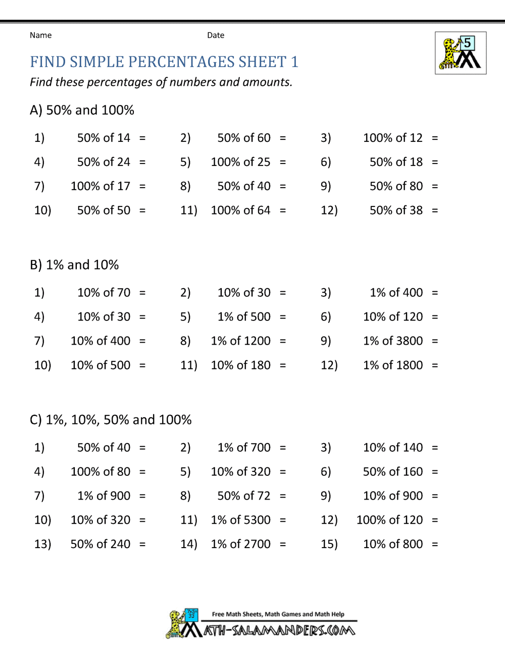 Easy Percent Worksheets