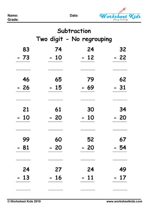 Easy Subtraction Without Regrouping Worksheets