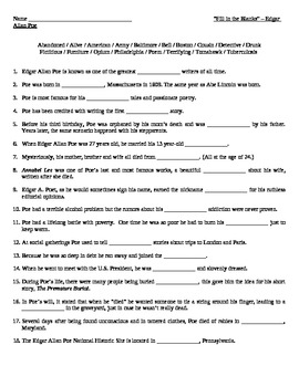 Edgar Allan Poe Fill In The Blanks Worksheet By Michael D Amato