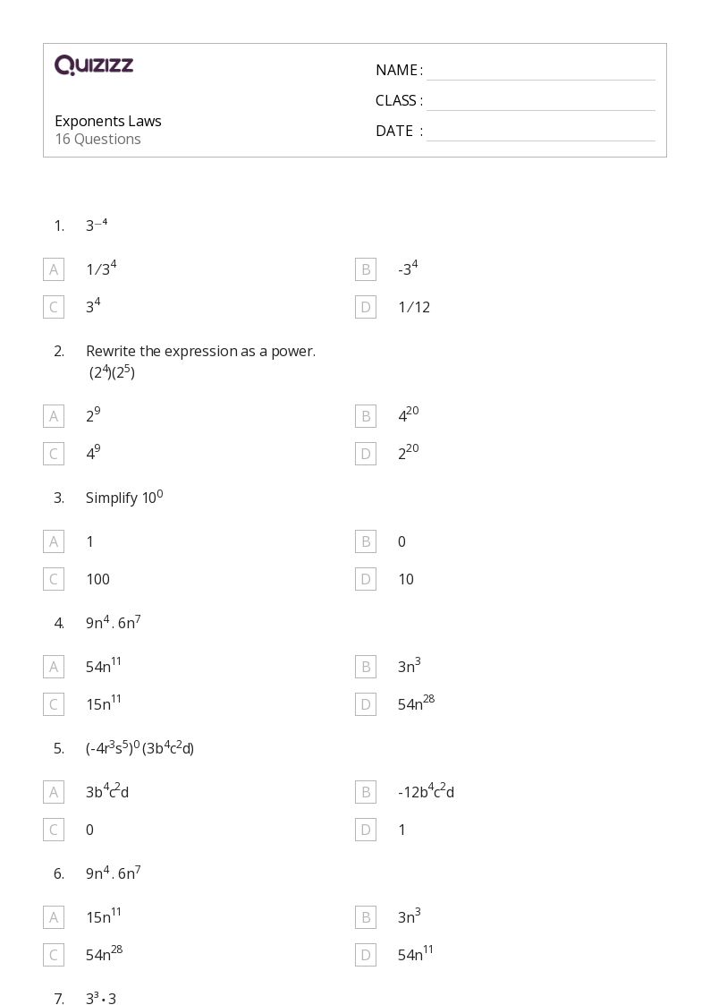 Eighth Grade Exponent Rules Worksheet 8Th Grade Worksheets Joy