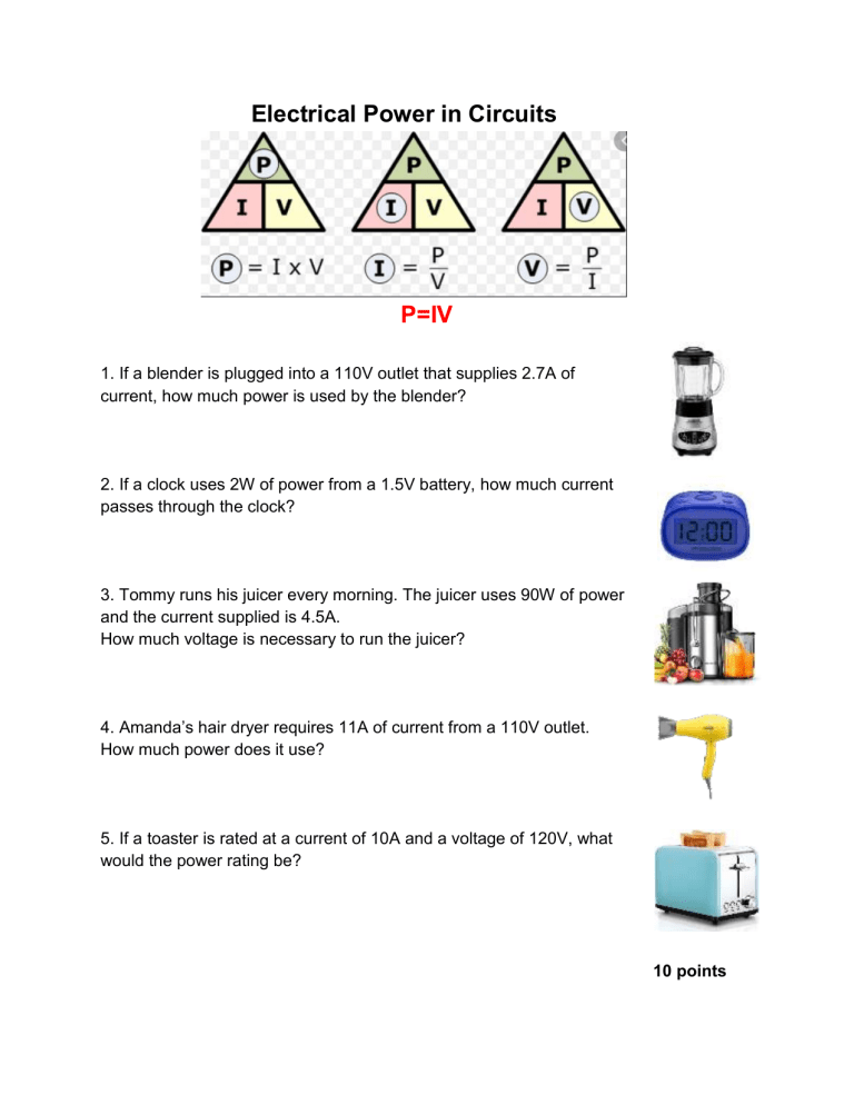 Electrical Power Worksheet Answers