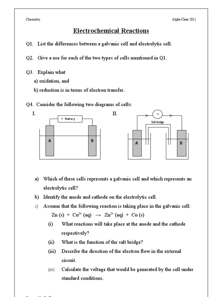 Electrochemistry Worksheet With Answers Pdf