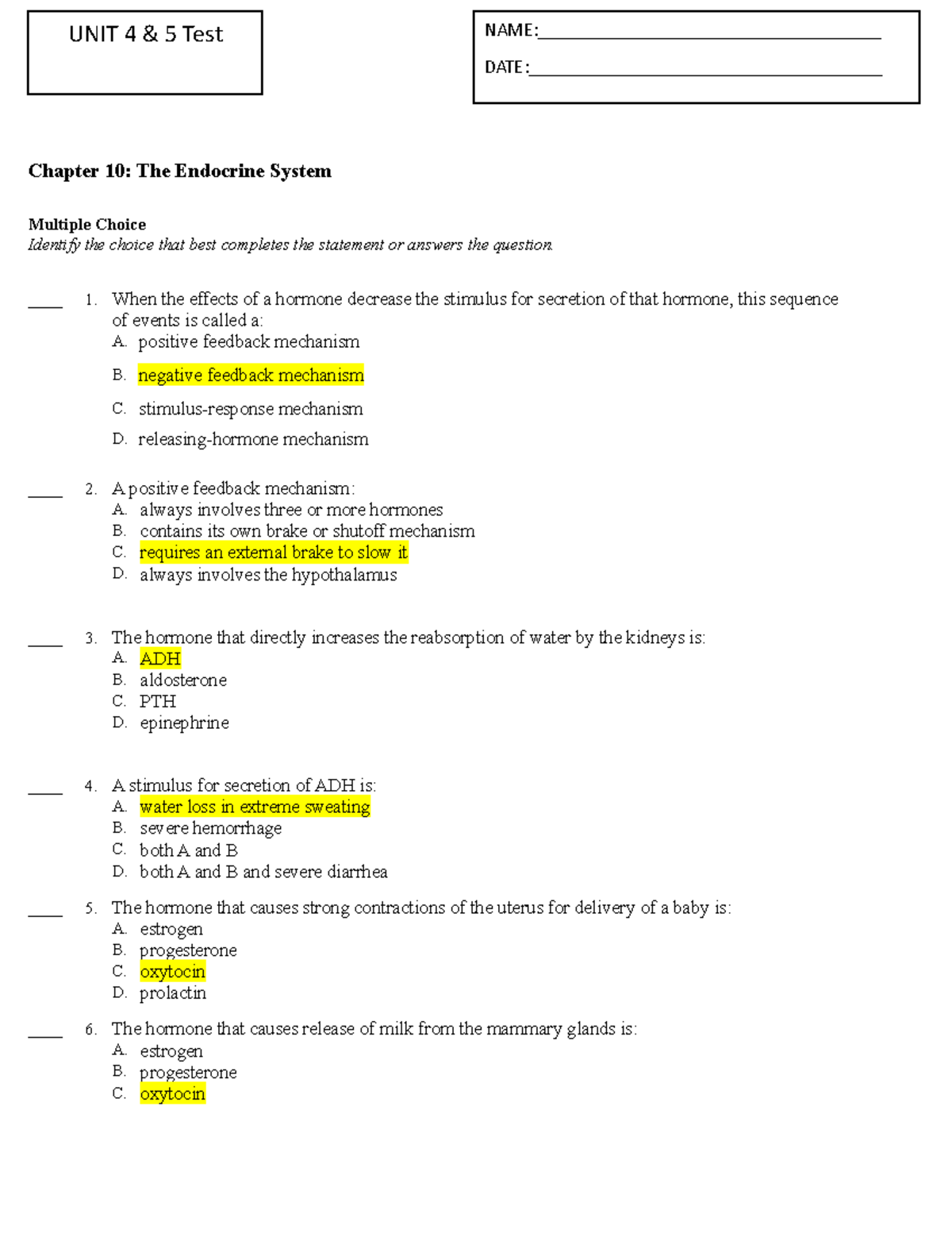 Endocrine System Test By Sharon Wolsky Teachers Pay Teachers