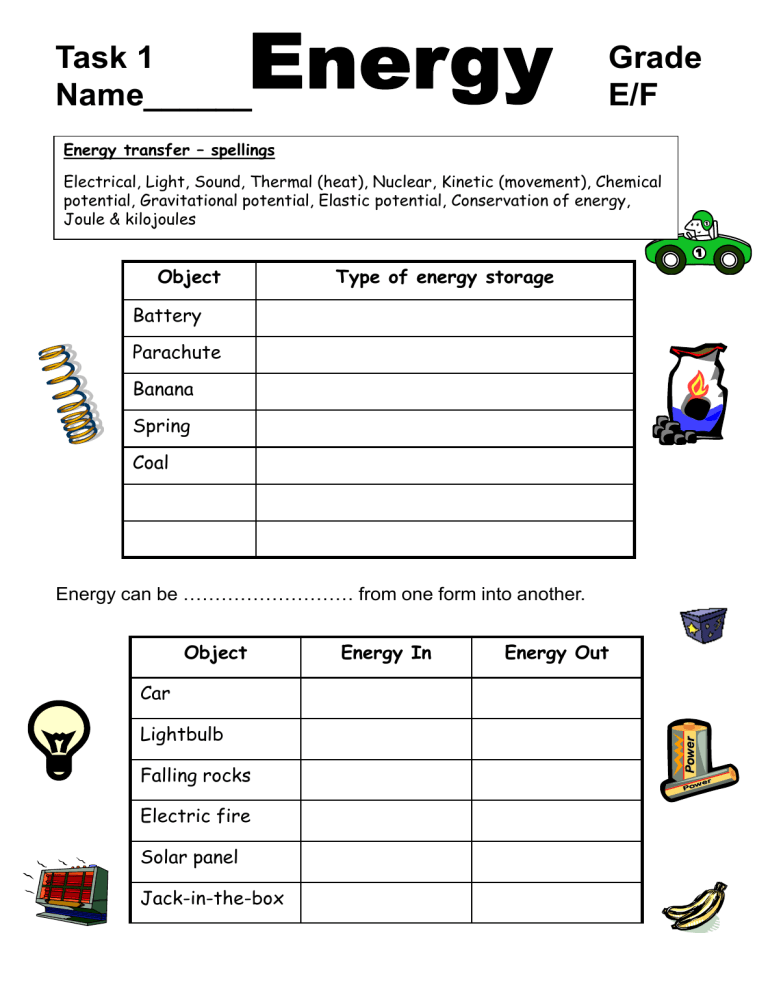 Energy Storage And Transfer Model Worksheet Printable Kids Entertainment