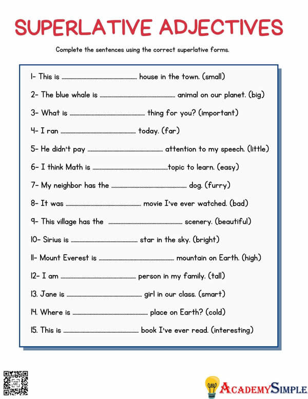 English Grammar Worksheets Superlative Adjectives 2 Academy Simple