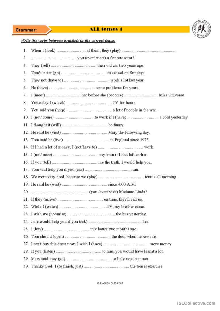 English Skill All Tenses Exercise Live Worksheets