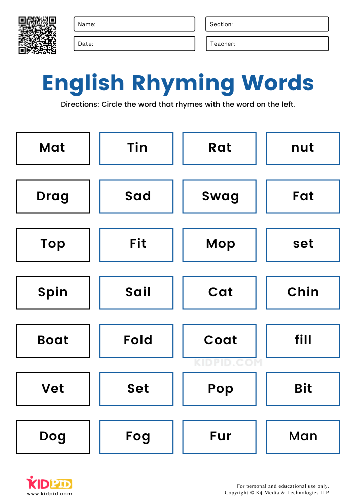 English Worksheets Rhyming Schemes