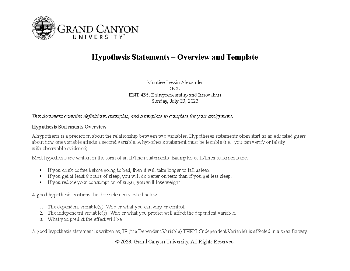 Ent 436 Rs T2 Hypothesis Statements Overview Template 2 Hypothesis