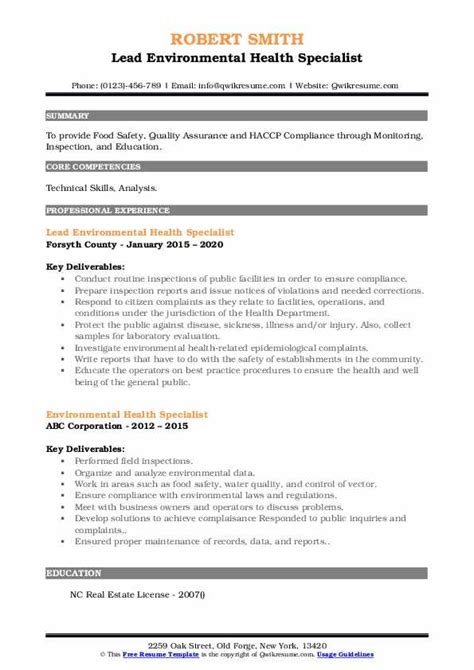 Environmental Health Specialist Resume Samples Qwikresume