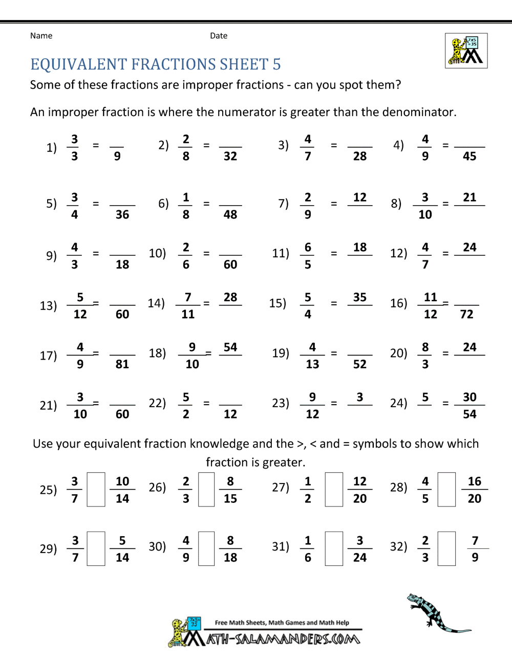 Equivalent Fraction Worksheets