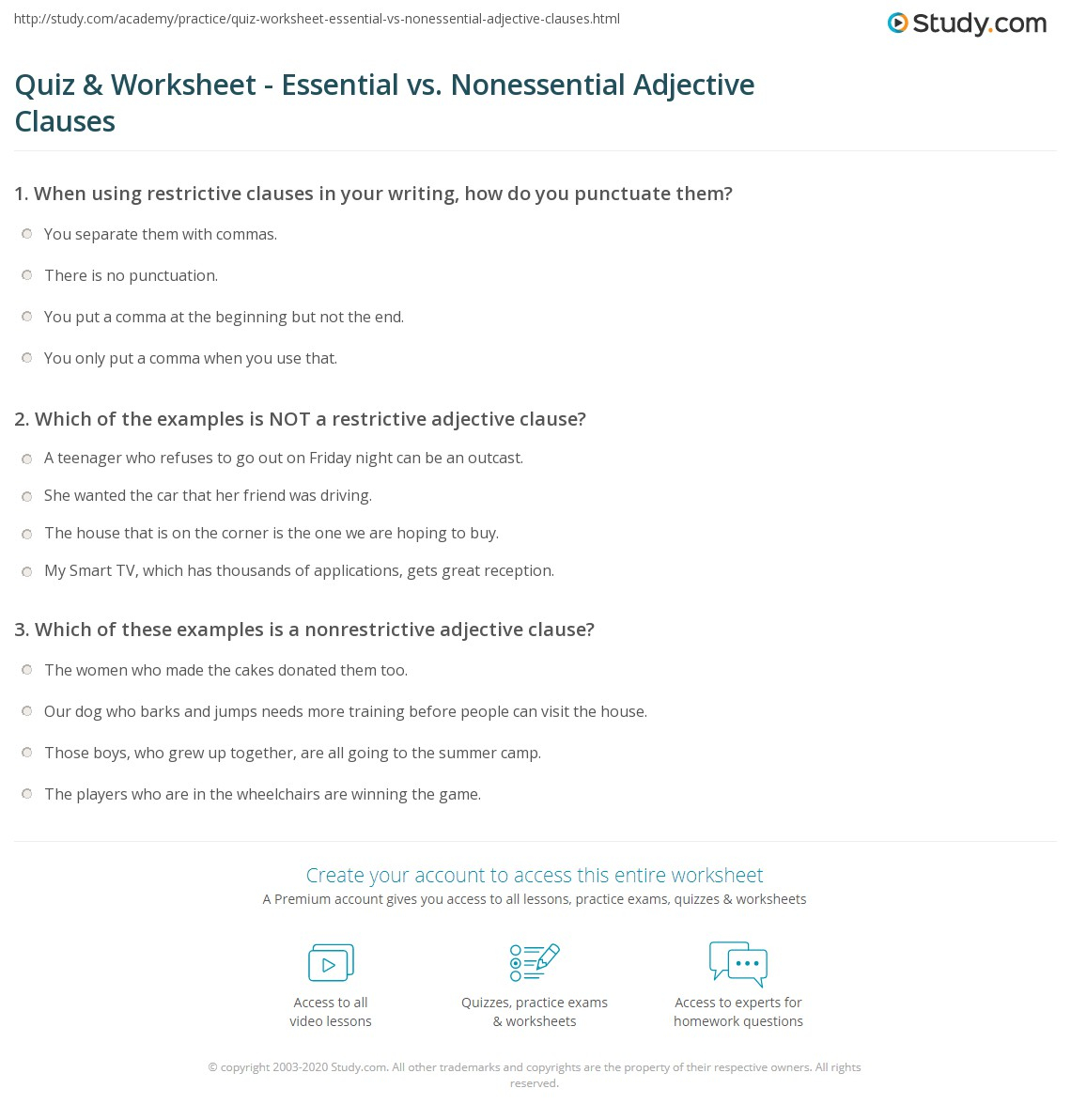 Essential And Nonessential Adjective Clauses Worksheet