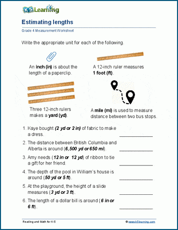 Estimating Measurements Worksheets K5 Learning Worksheets Library