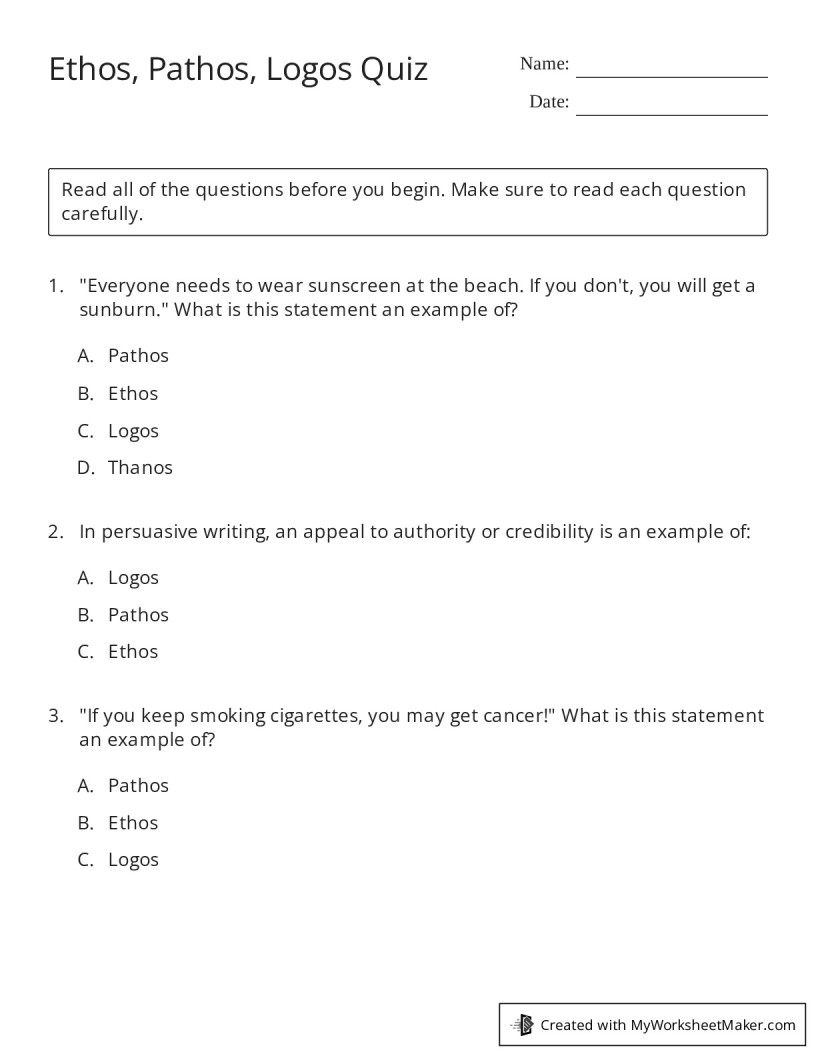 Ethos Pathos Logos Quiz My Worksheet Maker Create Your Own Worksheets