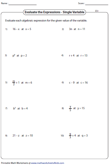 Evaluating Algebraic Expressions Worksheets Integers 30 Pages