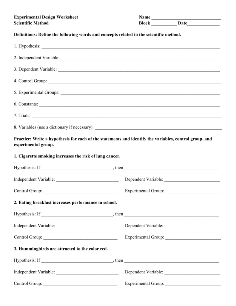 Experimental Design Worksheet Answers Wordworksheet Com