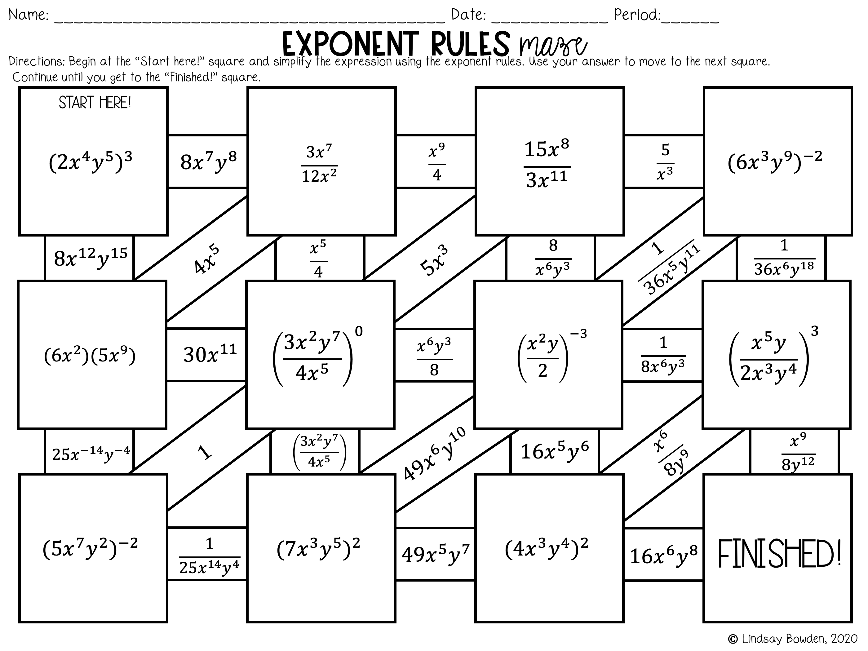 Exponent Maze Exponent Rules Worksheet Laws Of Exponents Activity