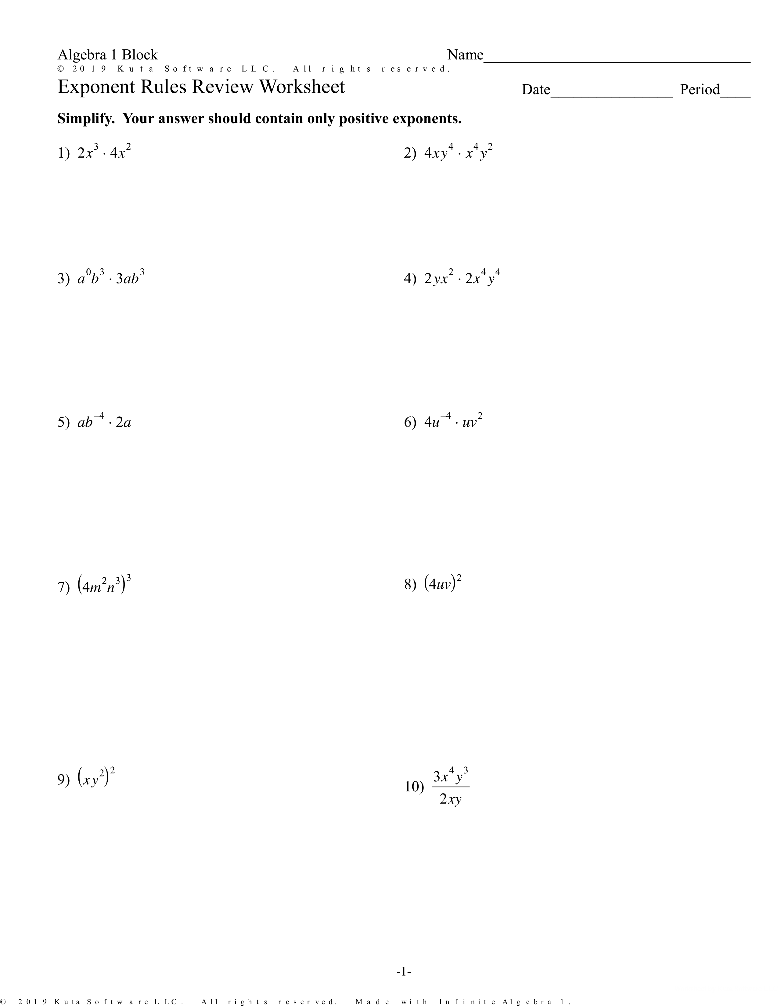 Exponent Rules Review Worksheet