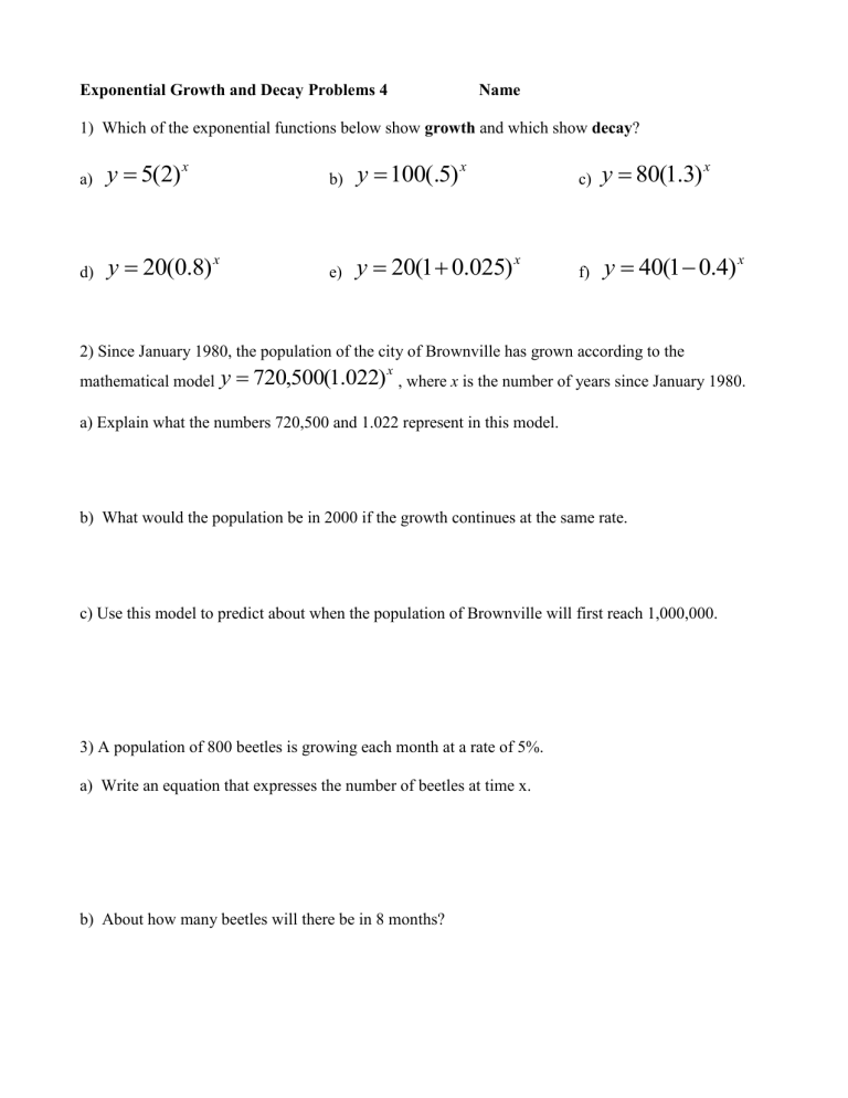 Exponential Equations Practice With Word Problems 2