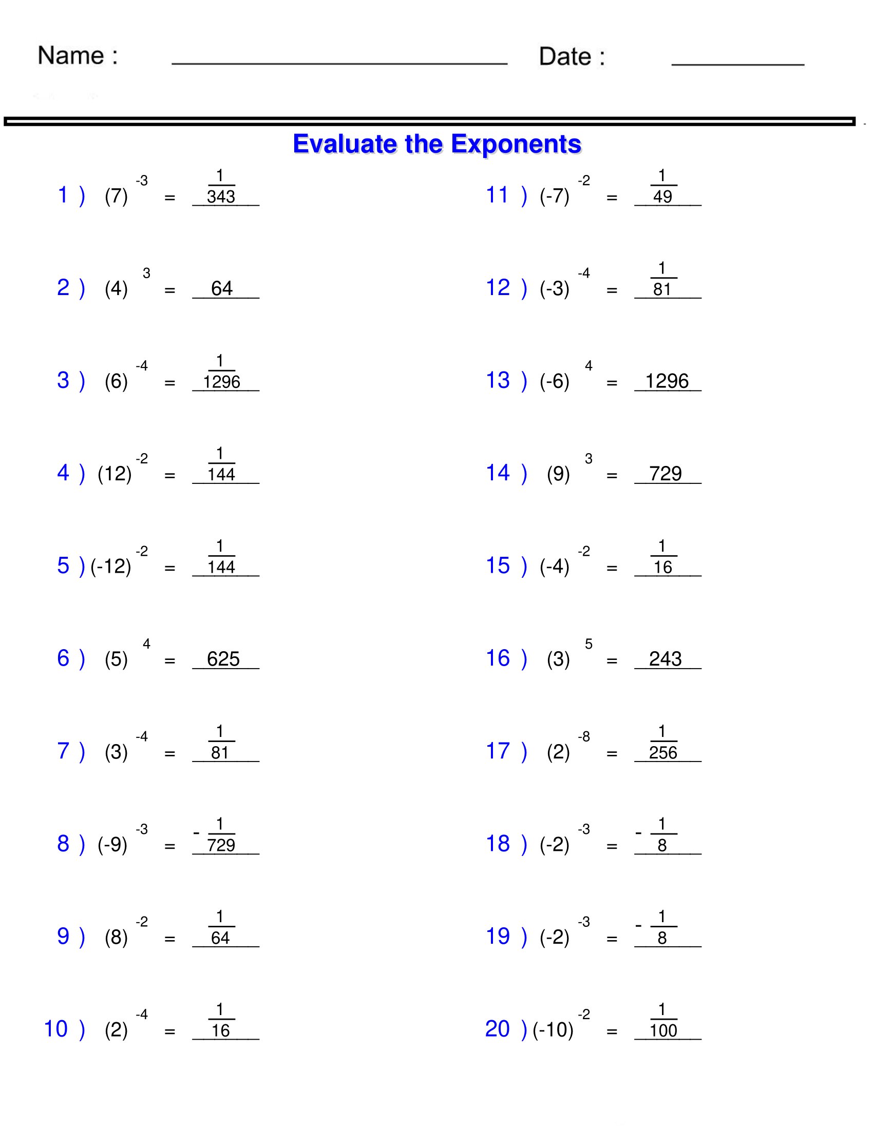 Exponents And Radicals Worksheets Solving Integers With Exponents