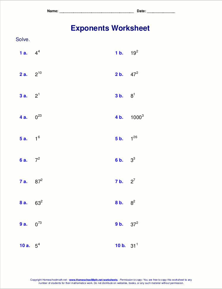 Exponents Worksheets Grade 7