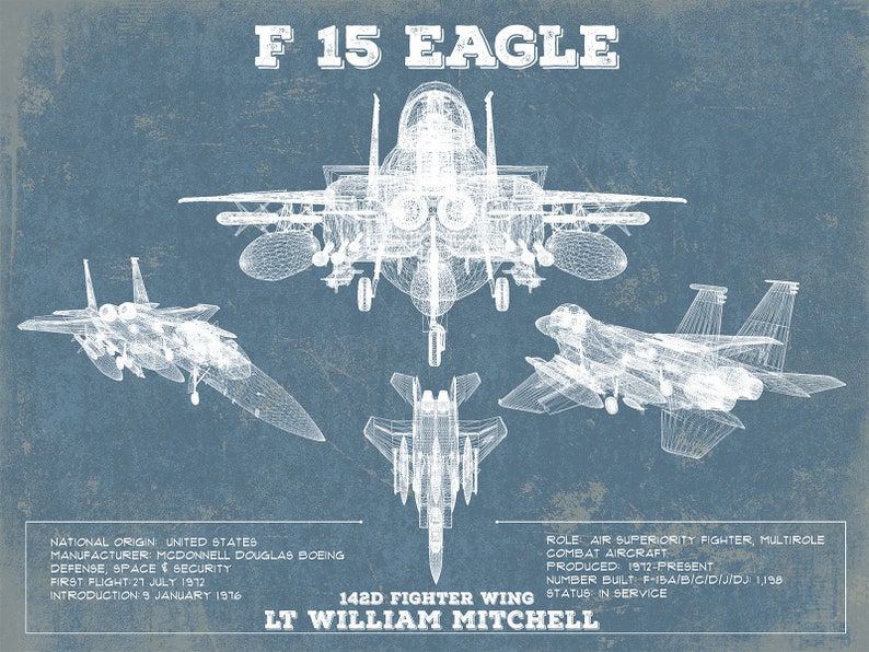 F 15 Eagle Vintage Aviation Blueprint Military Print Custom Etsy