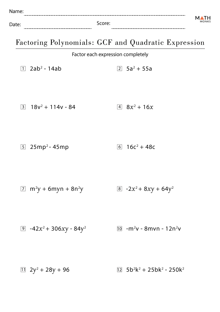 Factoring Polynomials Gcf Worksheet E Street Light