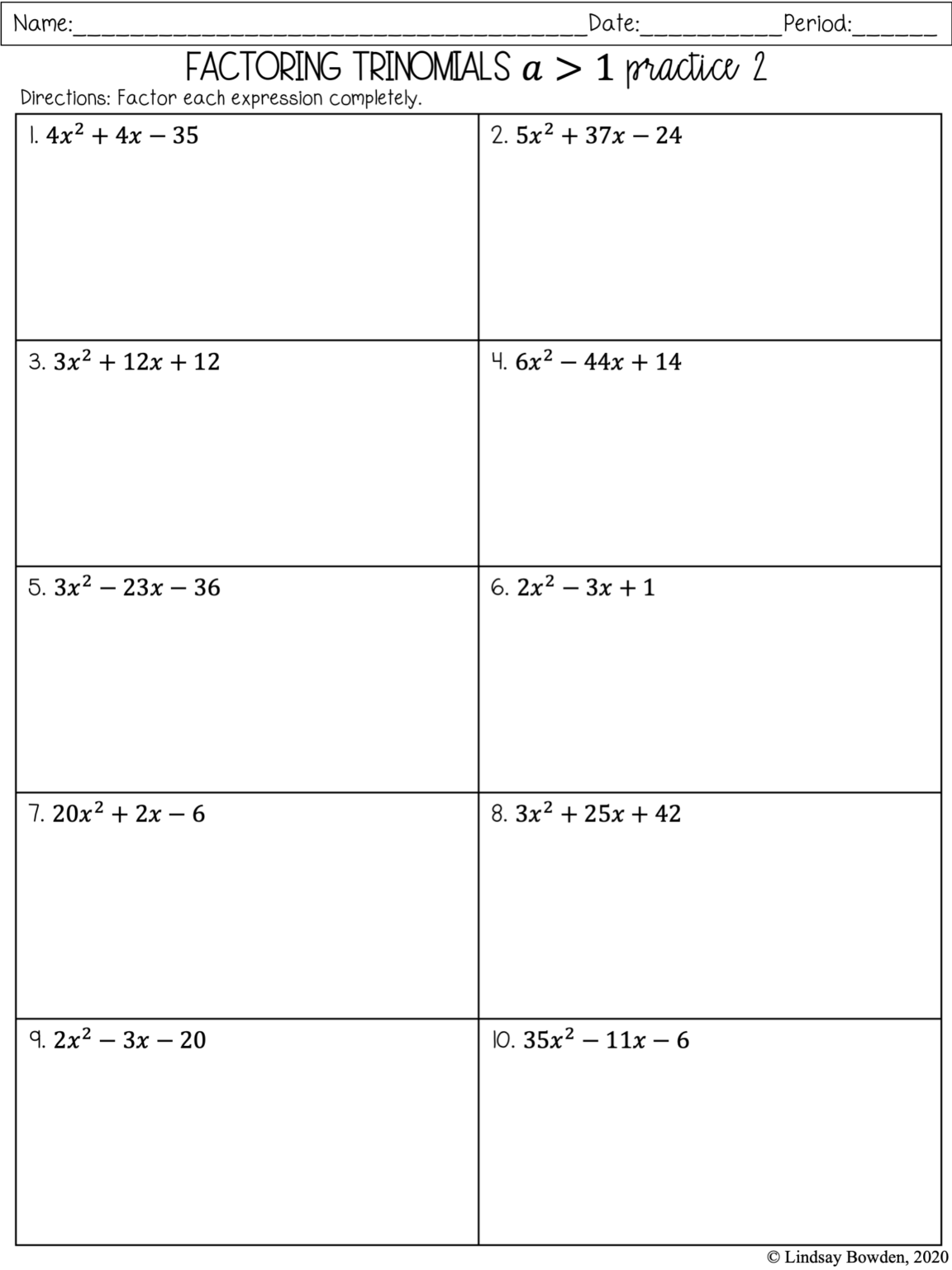 Factoring Polynomials Practice Worksheets