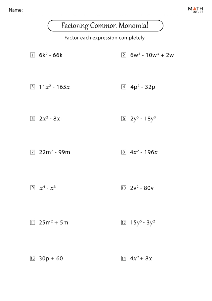 Factoring Polynomials With Common Monomial Factor Worksheet