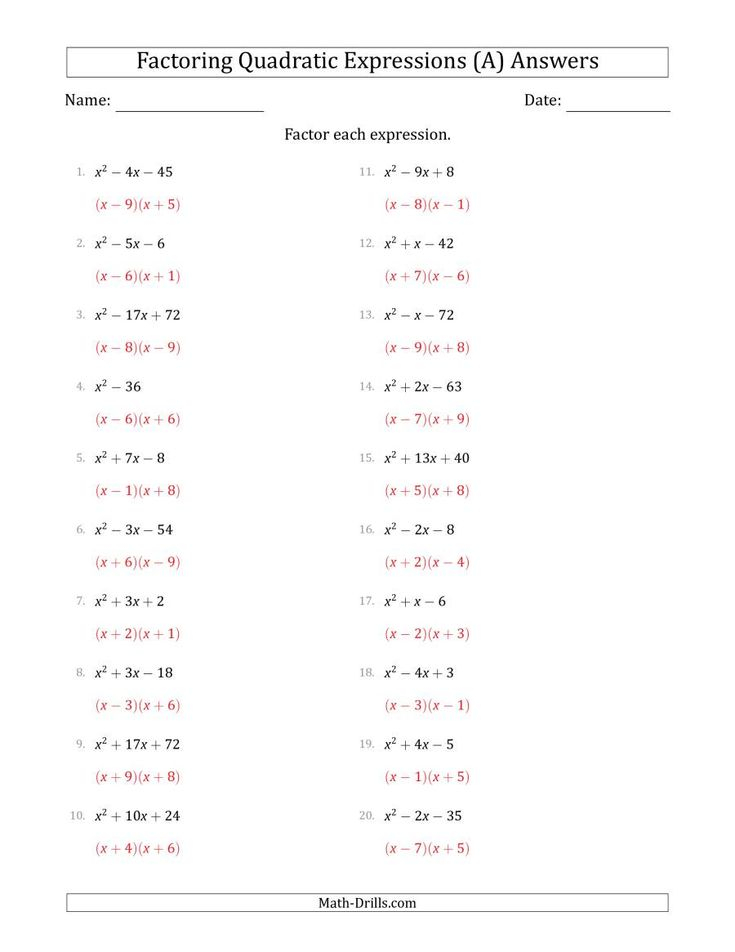 Factoring Quadratic Expressions Worksheet Pdf