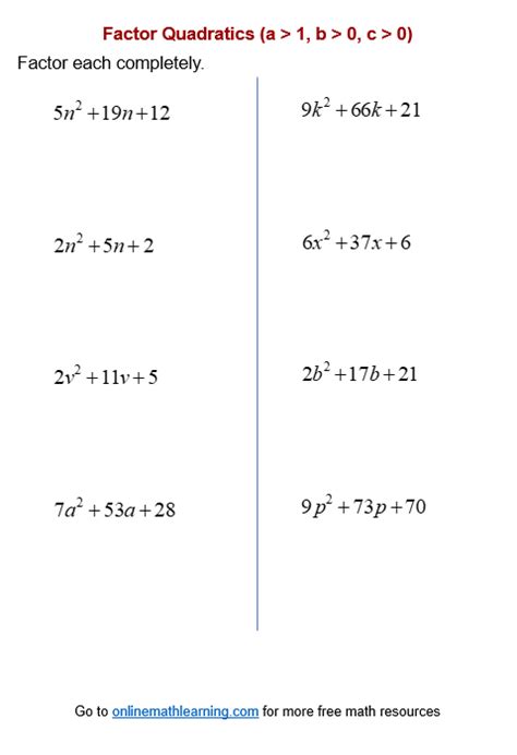 Factoring Quadratics Worksheet A 1