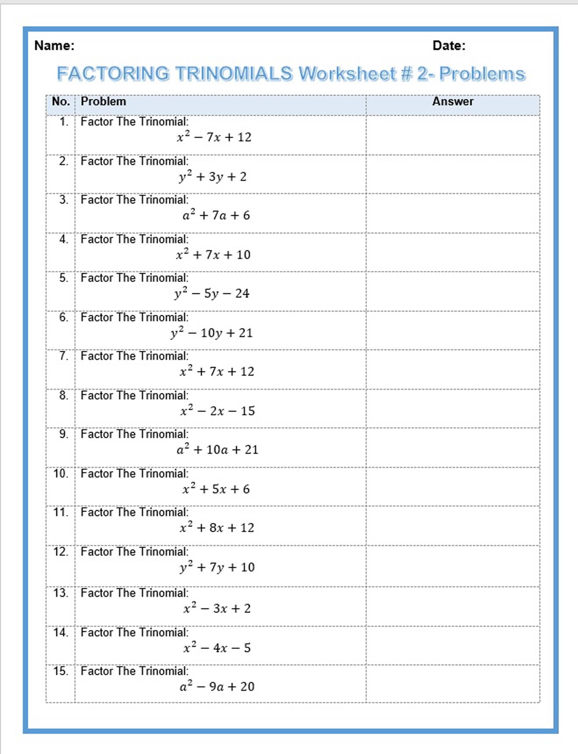 Factoring Trinomials Algebra Help Math Worksheets Factoring