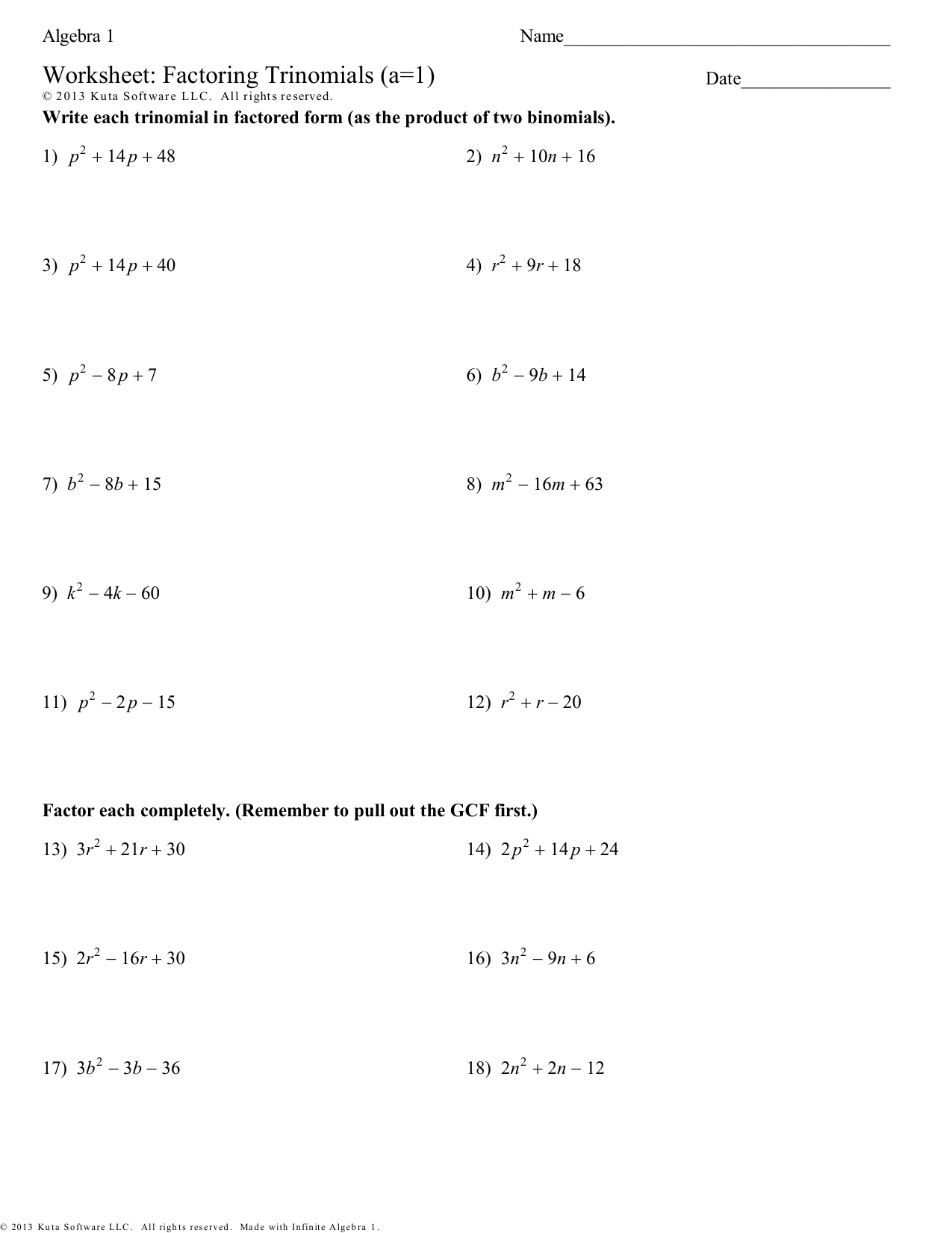 Factoring Trinomials Mixed Review Joke Worksheet With Answer Key