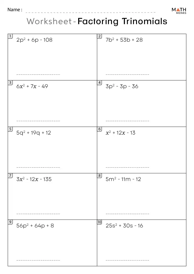 Factoring Trinomials Worksheets Math Monks