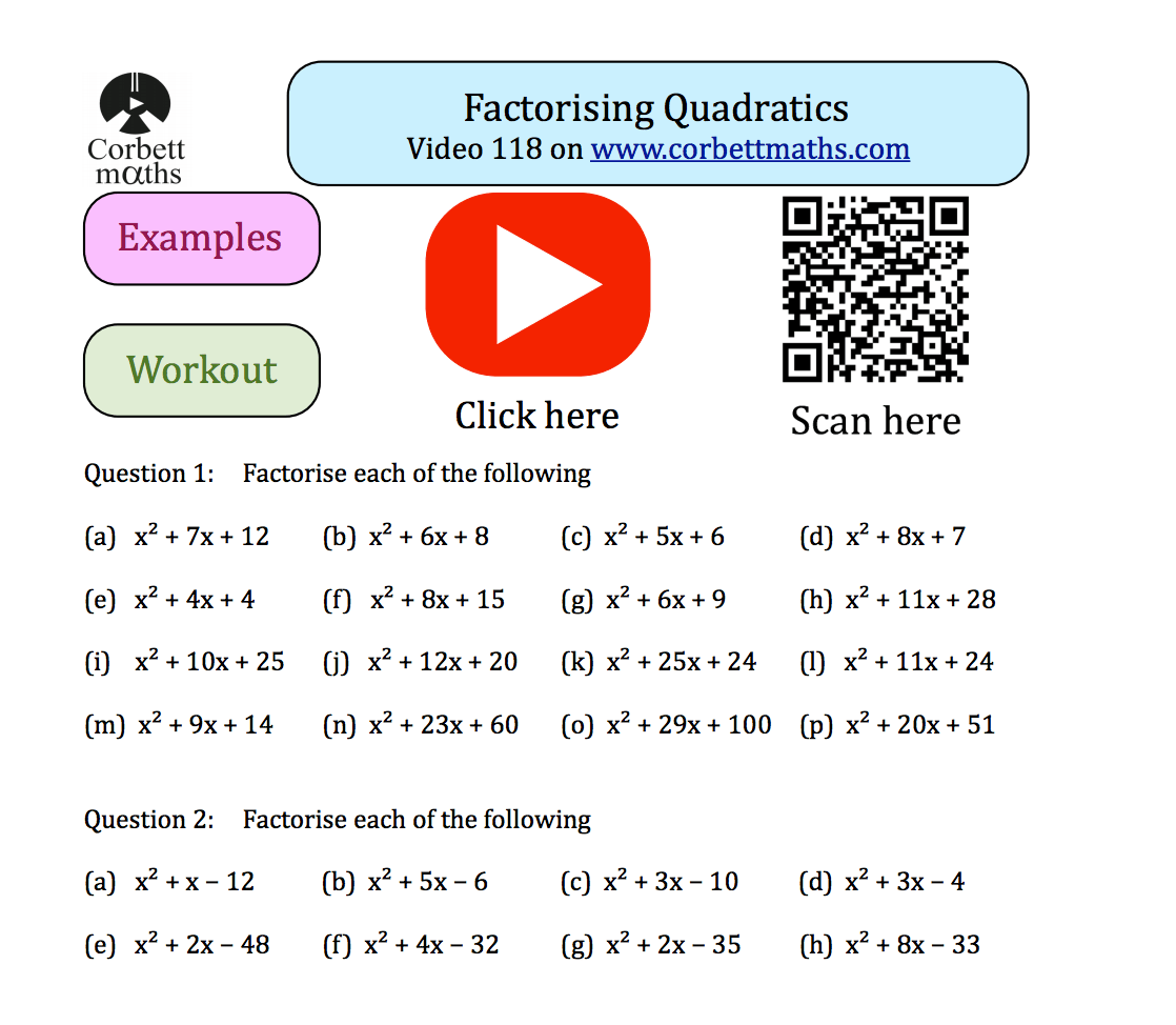 Factorise Quadratics Worksheet Pdf