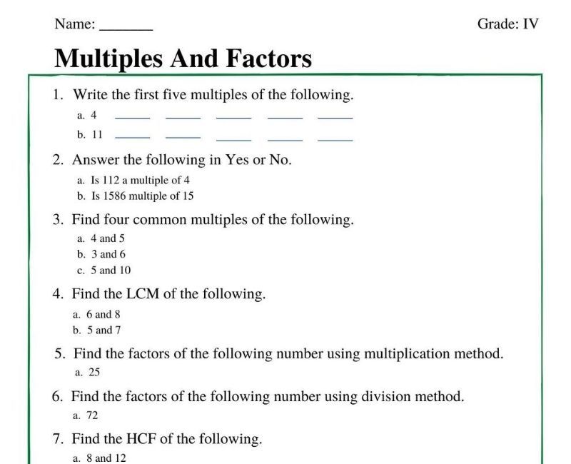 Factors And Multiples Worksheet For Class 4