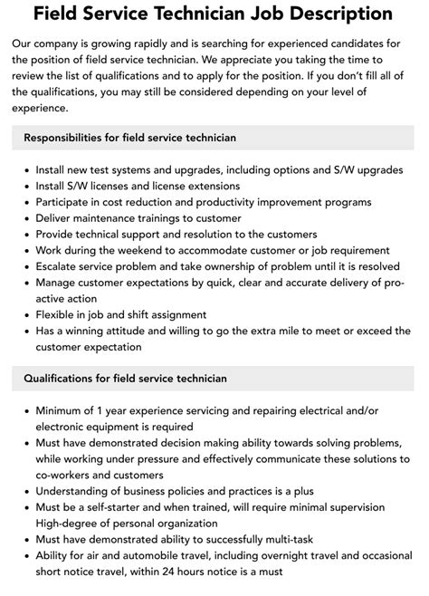 Field Services Technician Job Description Velvet Jobs