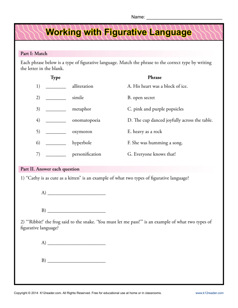 Figurative Language Made Easy Printable Worksheets For Practice