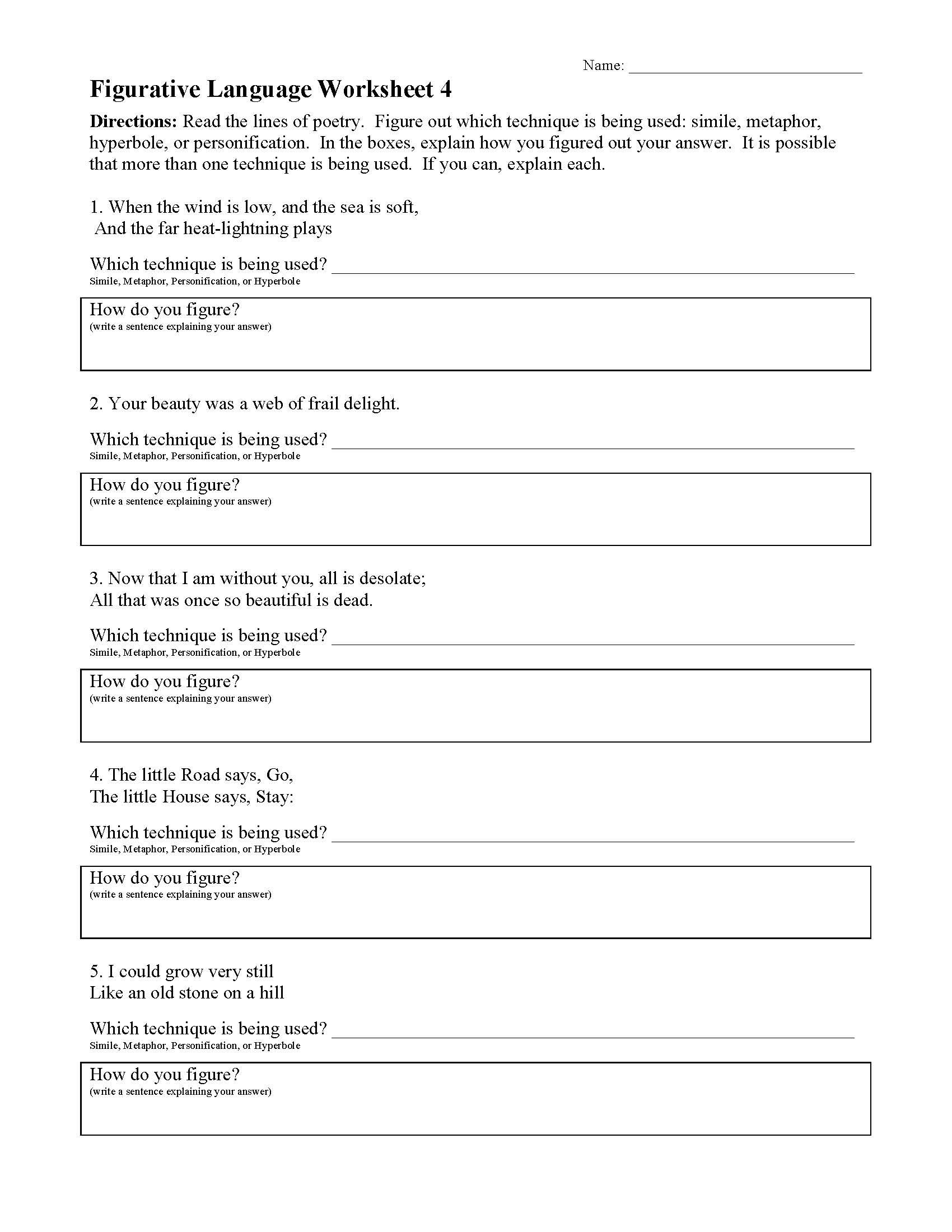 Figurative Language Worksheet 1 Answer Key Fill Online Printable