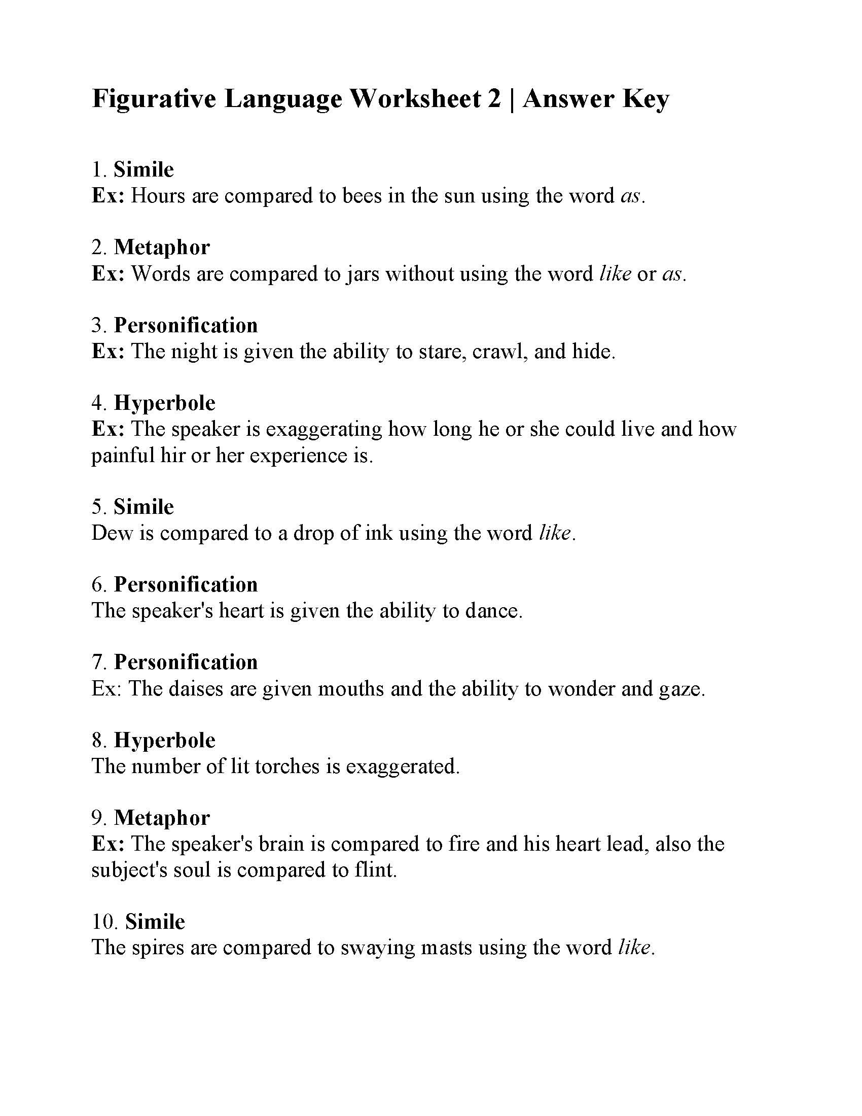 Figurative Language Worksheet 2 Answer Language Worksheets