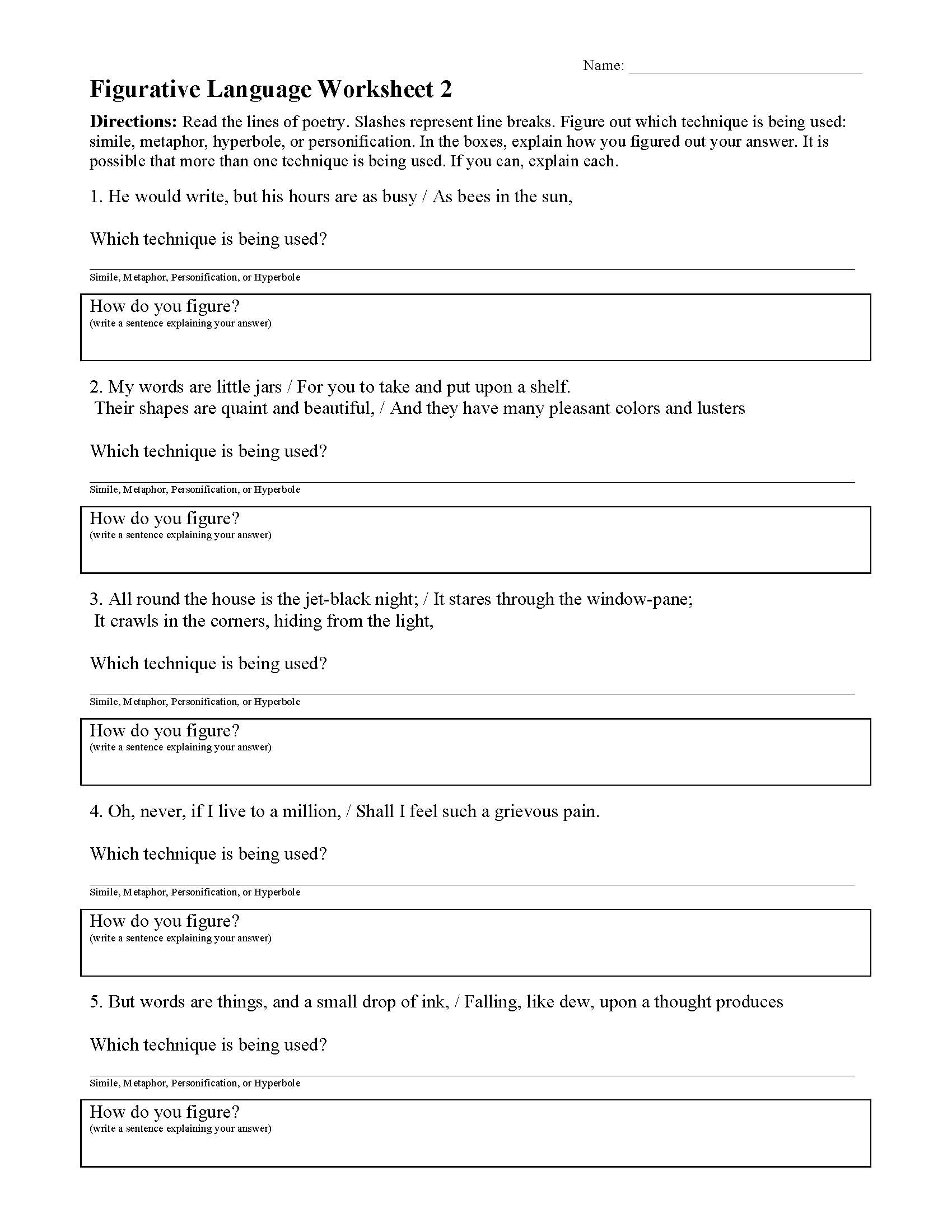 Figurative Language Worksheet 2 Reading Activity