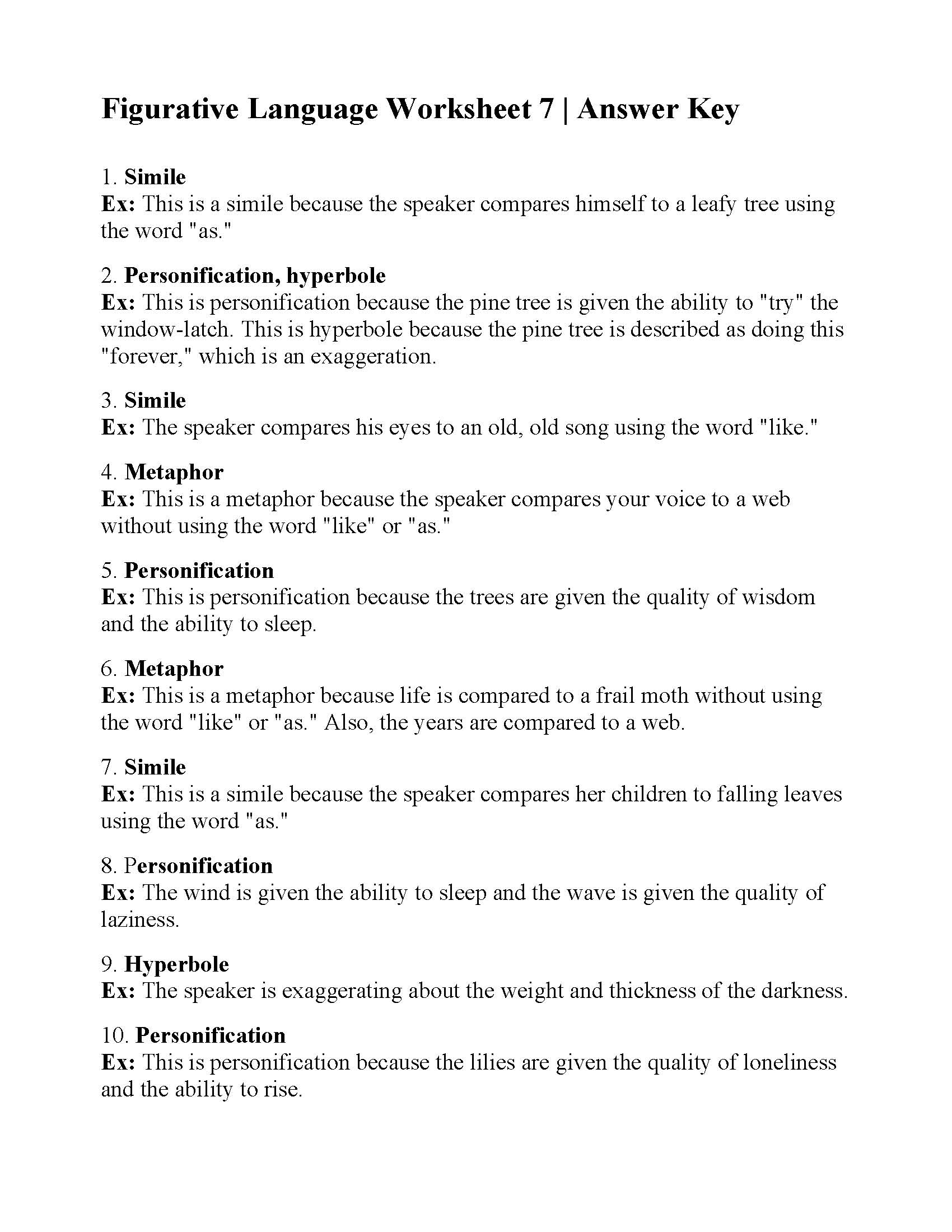 Figurative Language Worksheet 7 Answers Free Download Gambr Co